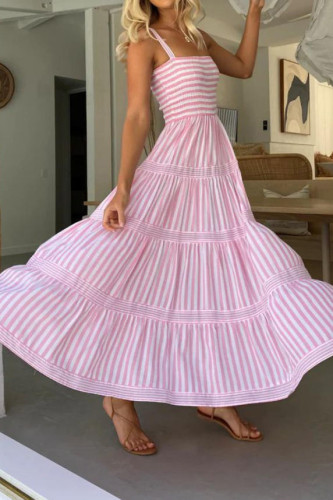 Striped Printed Camisole Waist Cinching Dress