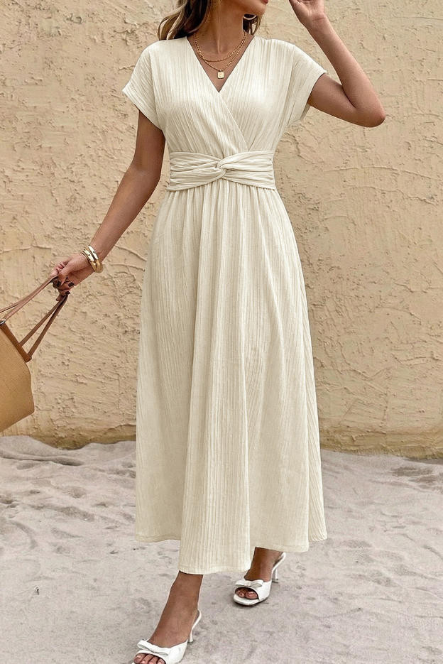 V-neck Waist Cinching Short Sleeved Dress