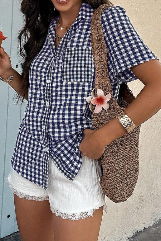 Grid Print Short Sleeved Button Up Cardigan Shirt