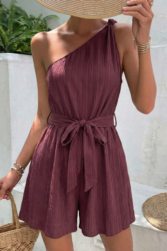 Slanted Shoulder Solid Color Waist Cinching Jumpsuit