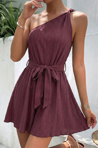 Slanted Shoulder Solid Color Waist Cinching Jumpsuit