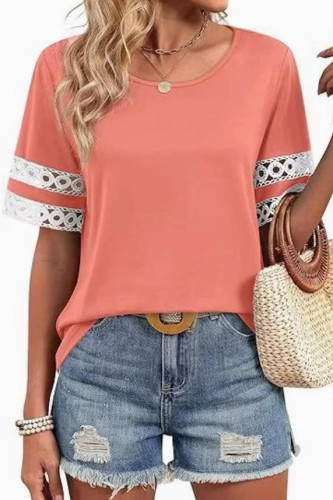 Round Neck Hollowed Out Short Sleeved T-shirt