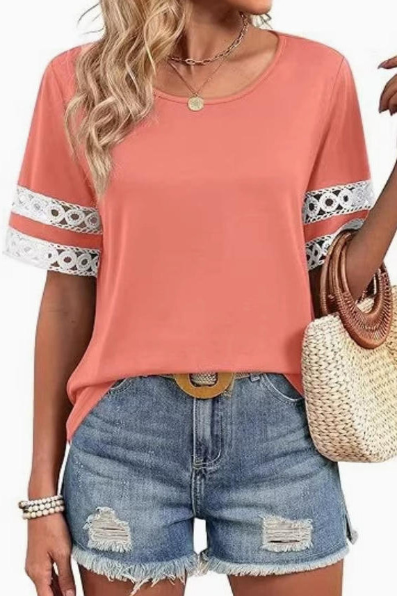 Round Neck Hollowed Out Short Sleeved T-shirt