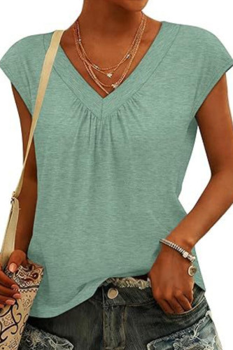 V-neck Pleated Casual Short Sleeved T-shirt