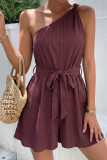 Slanted Shoulder Solid Color Waist Cinching Jumpsuit