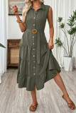 Retro Waist Belt Sleeveless Lapel Dress