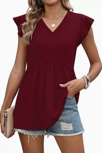 V-neck Pleated Short Sleeve T-shirt