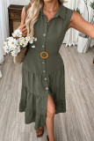 Retro Waist Belt Sleeveless Lapel Dress