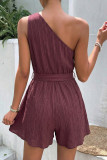 Slanted Shoulder Solid Color Waist Cinching Jumpsuit