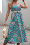 Retro Waist Cinched Ethnic Style Printed Dress