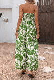 High Waisted Strapless Green Leaf Printed Jumpsuit