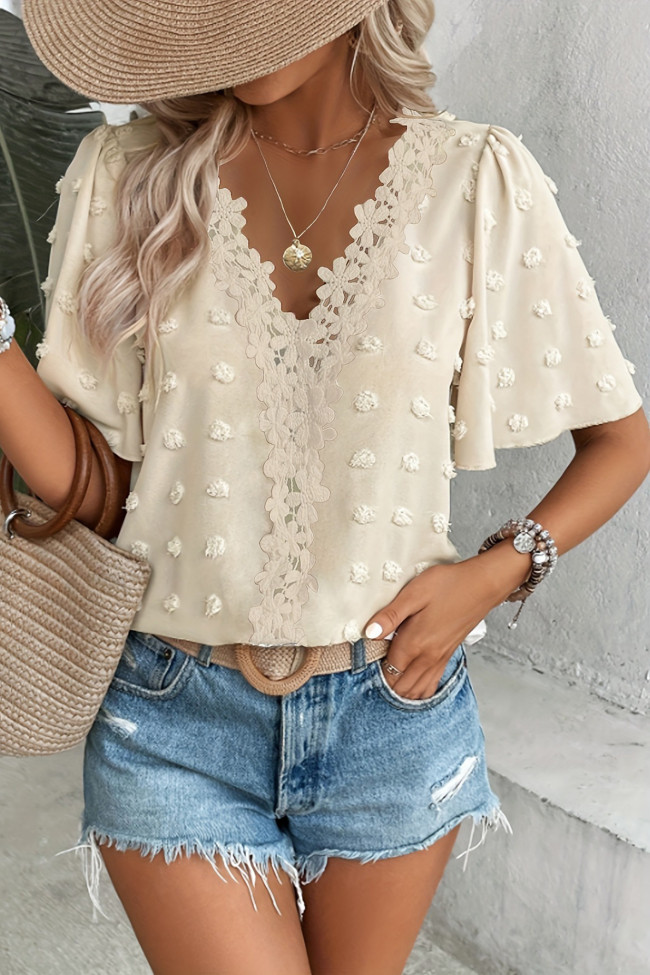 Swiss Dot V-neck Jacquard Lace T-shirt