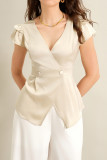 Solid Color V-neck Waist Cinched T-shirt