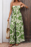 High Waisted Strapless Green Leaf Printed Jumpsuit