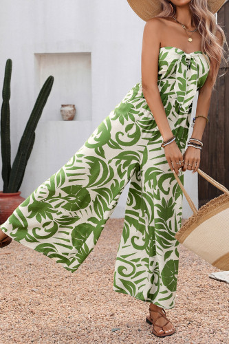 High Waisted Strapless Green Leaf Printed Jumpsuit