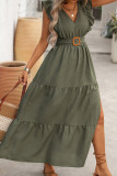 V-neck Ruffle Sleeves High Waist Split Dress
