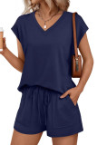 V-neck Short Sleeved T-shirt Shorts 2-piece Set