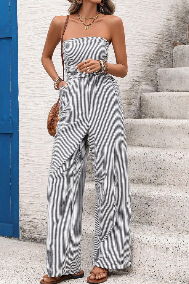 Sleeveless Strapless Striped Jumpsuit