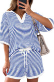 Lapel Striped T-shirt Shorts 2-piece Set