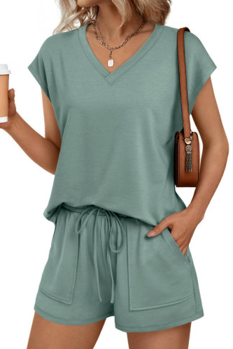 V-neck Short Sleeved T-shirt Shorts 2-piece Set