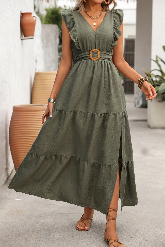 V-neck Ruffle Sleeves High Waist Split Dress