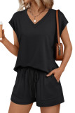 V-neck Short Sleeved T-shirt Shorts 2-piece Set