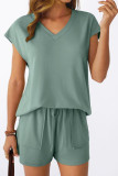 V-neck Short Sleeved T-shirt Shorts 2-piece Set