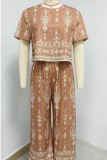 Ethnic Style Short Sleeved Straight Leg Pants 2-piece Set