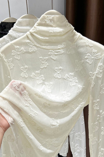Solid Color Lace High Neck Long Sleeved Shirt