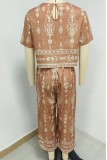 Ethnic Style Short Sleeved Straight Leg Pants 2-piece Set
