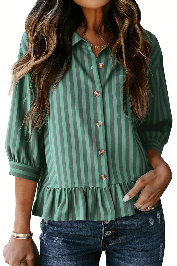 Button Up Seven Quarter Sleeve Striped Shirt