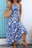 Blue and White Porcelain Printed Backless Dress