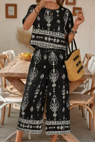 Ethnic Style Short Sleeved Straight Leg Pants 2-piece Set