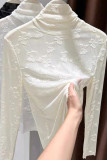 Solid Color Lace High Neck Long Sleeved Shirt
