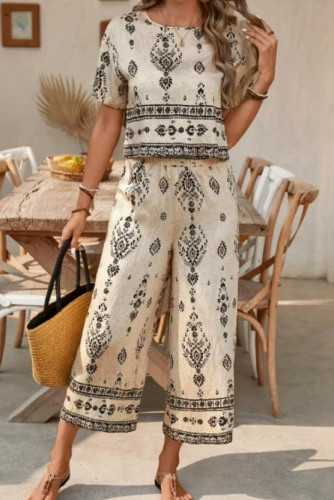 Ethnic Style Short Sleeved Straight Leg Pants 2-piece Set
