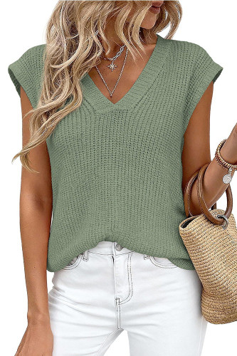 Solid Color V-neck Knitted Short Sleeved Sweater