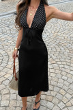 Polka Dot Waist Cinching Deep V-neck Dress
