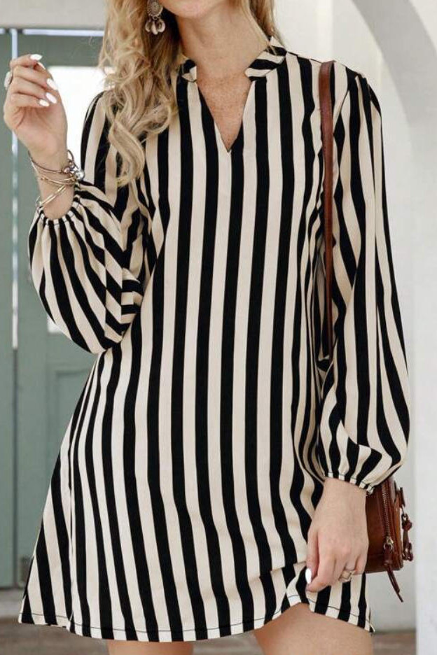 V-neck Loose Striped Long Sleeved Dress