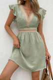 V-neck Lace Jacquard Ruffle Sleeve Dress