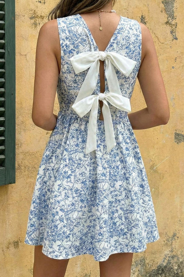 Floral Print Sleeveless Butterfly Backless Dress