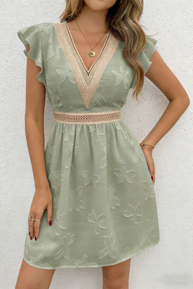 V-neck Lace Jacquard Ruffle Sleeve Dress