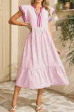 Striped Pleated V-neck Short Sleeved Dress