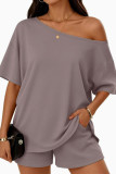 Slant Neck T-shirt Shorts Sport 2-piece Set