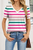 Striped V-neck Loose Short Sleeved T-shirt
