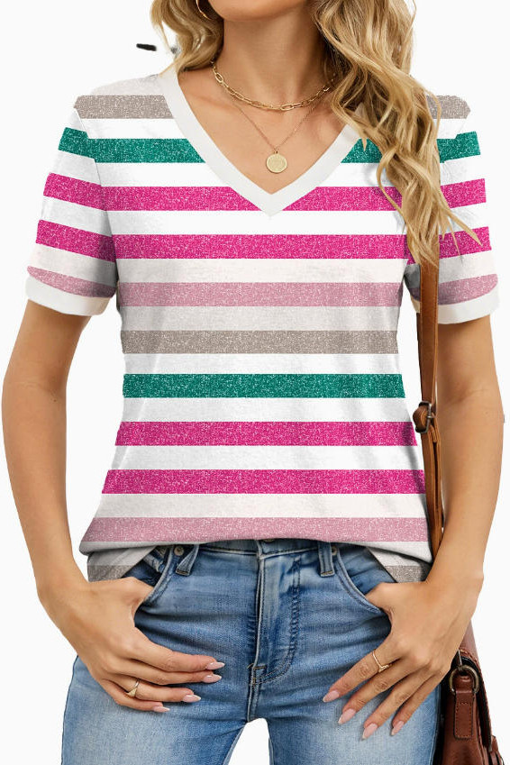 Striped V-neck Loose Short Sleeved T-shirt