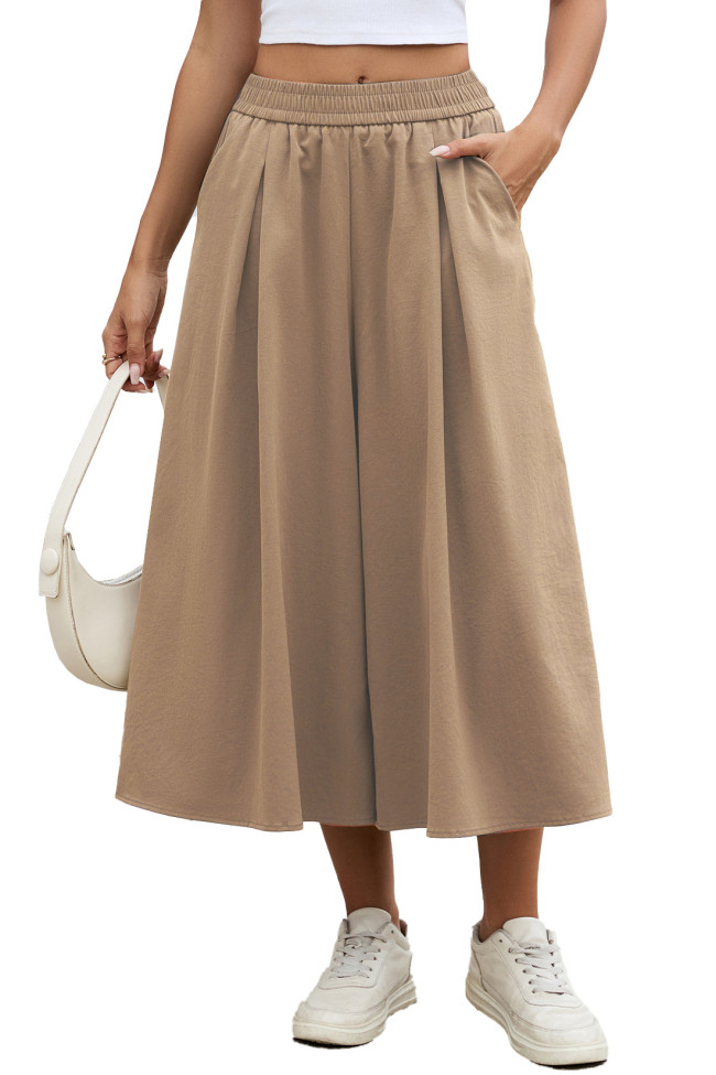 High Elastic Waist Pleated Pocket Wide Leg Pants