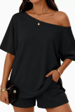 Slant Neck T-shirt Shorts Sport 2-piece Set