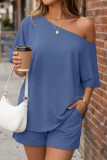Slant Neck T-shirt Shorts Sport 2-piece Set