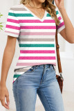 Striped V-neck Loose Short Sleeved T-shirt