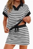Striped V-neck Polo Shirt Short Skirt 2-piece Set